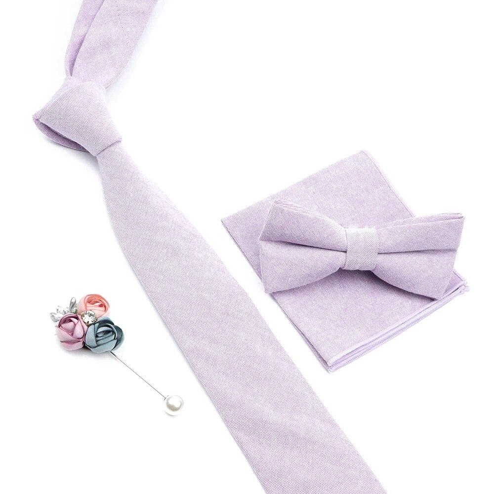 Solid Color Cotton Necktie Set For Men Tie 4pcs Hanky Cufflinks Rhinestone FLoral Brooch Tie Set