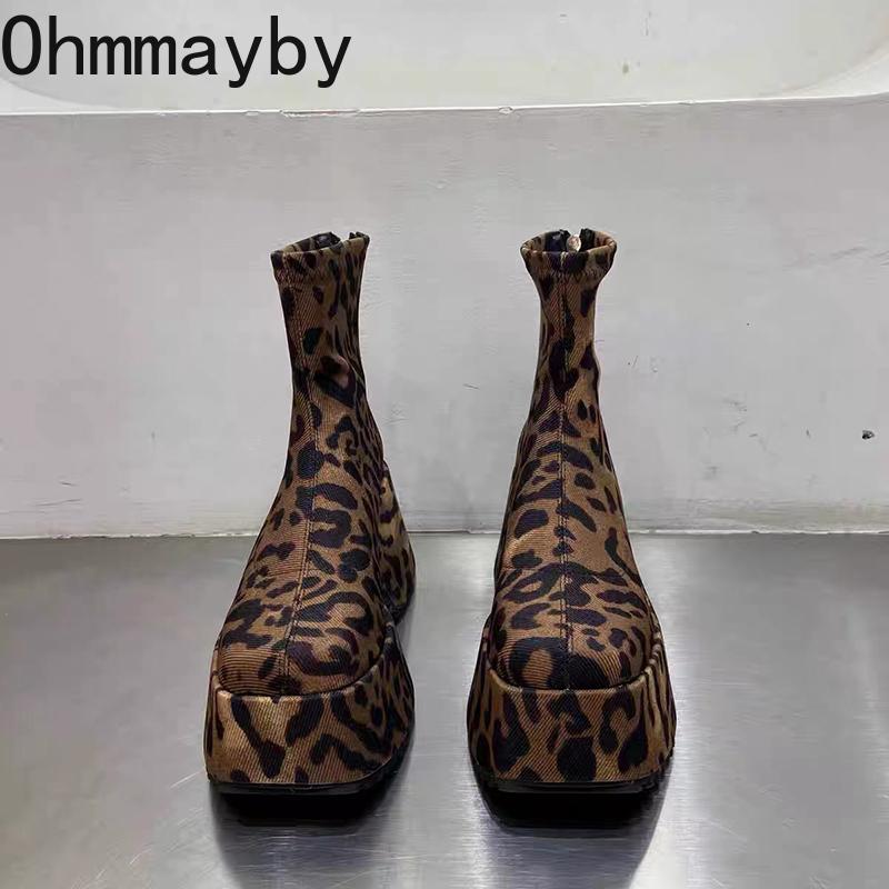 Punk Style Platform Heel Women Ankle Boots Fashion Elegant Leopard Print Shoes Autumn Winter Laides Concise Short Booties