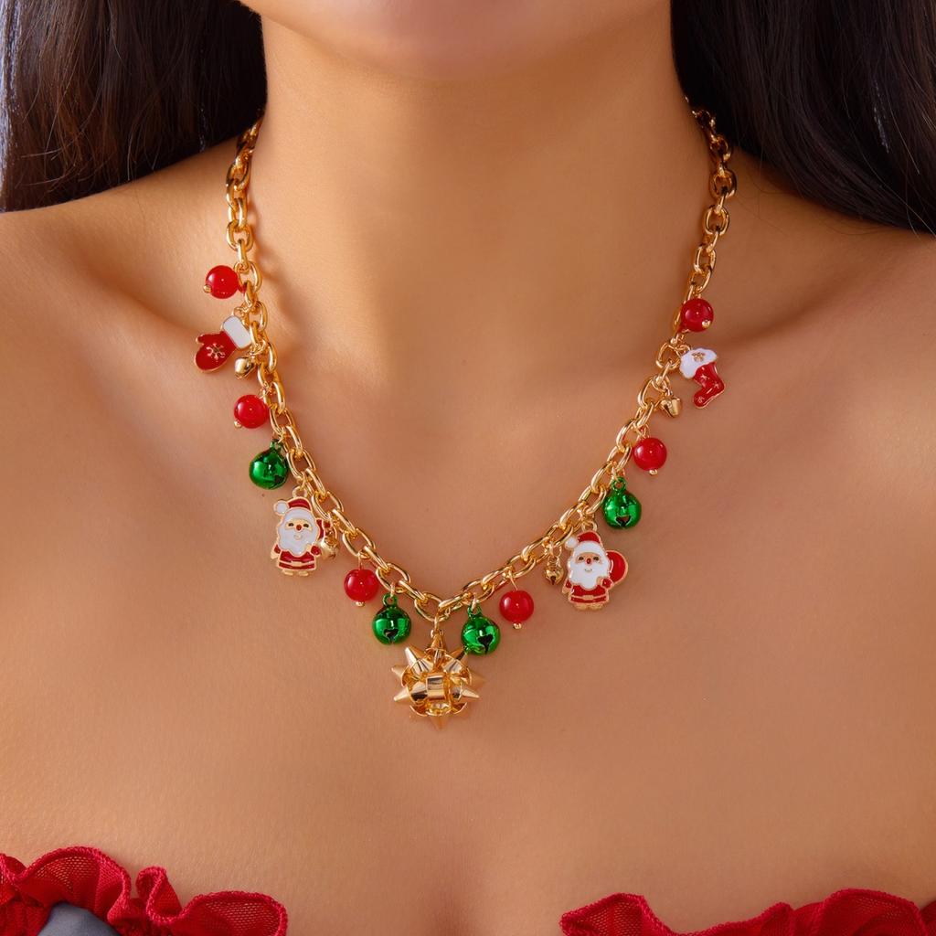 Christmas Snowflake Gingerbread Tree Pendant Necklace Snowman Reindeer Bell Soft Clay Crystal Beads Fringe Choker For Women Men