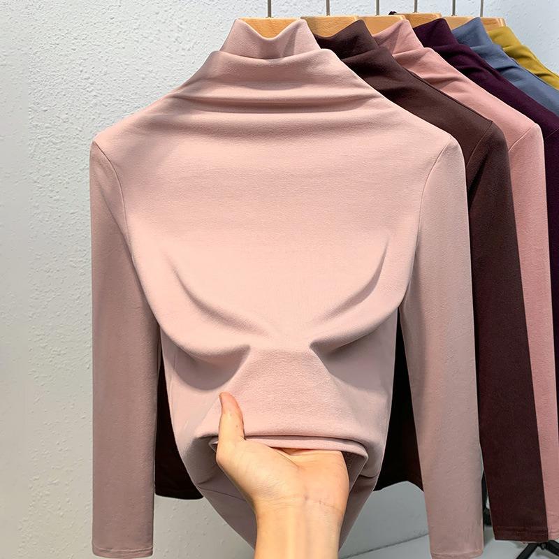 Turtleneck Bottoming Shirt Women's New Women's Clothing Solid Color Simple Long-sleeved T-shirt Velvet Warm Inner Waist Top