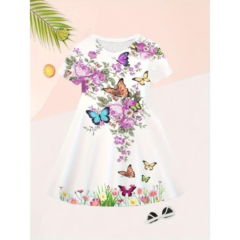 

[Vibrant Dress] Comfortable Vibrant Butterfly & Flowers Print A-Line Short Sleeve Dress for Girls | Casual Holiday Wear with Relaxed Fit and Adorable 110