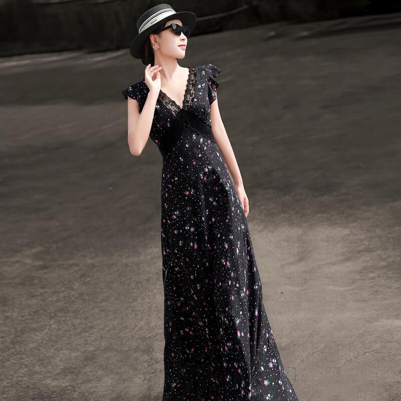 Lanseer French Elegant Lace V-Neck Floral Midi Dress