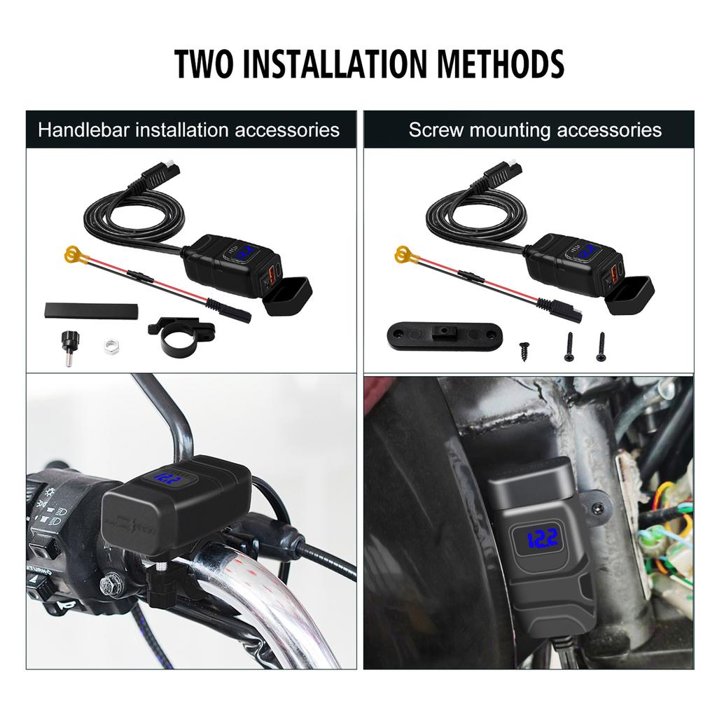 Motorcycle USB Type C Fast Charging QC3.0 with Voltmeter ONCelsiusOff for Phone Tablet