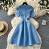 2026 Nuovi Arrivi Estivi Vestito Maglione Scollo a U Perline Manica Corta Aderente per Vestito da Festa di Compleanno Vestito Maglia Pieghettato Blu Strass Eventi Serata