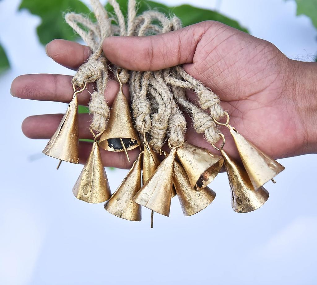 10-Pack Rustic Gold Metal Cow Bells with Jute Rope, 2-Inch Vintage Cone Bells for Crafts, Witch Bells, and Boho Farmhouse Wall Decor