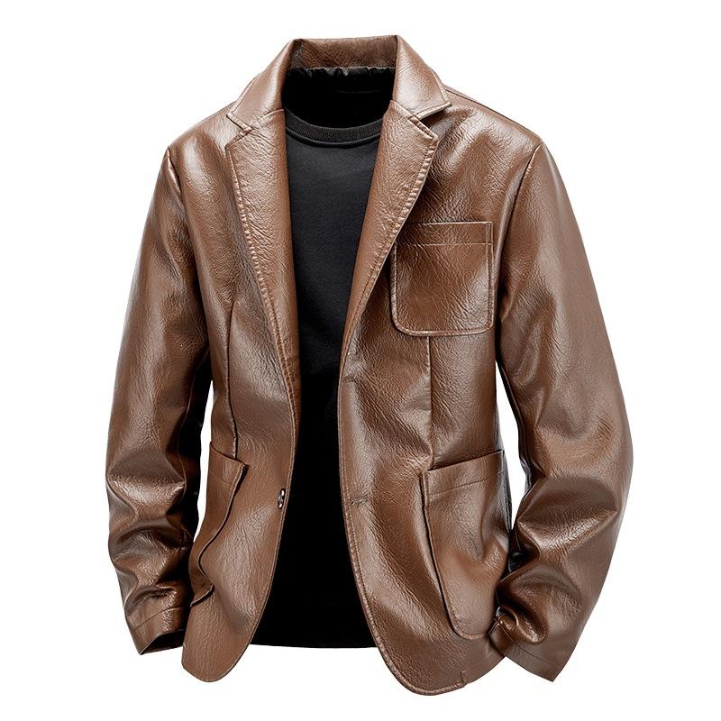 Lapel new men's leather jacket spring and autumn three-dimensional pocket teen trendy men's casual versatile leather jacket