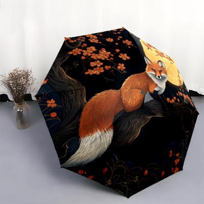 0106 Cherry Blossom Fox Pattern, Automatic Folding Umbrella, Portable and Foldable Design, 8 Ribs, a Christmas or Birthday Gift.