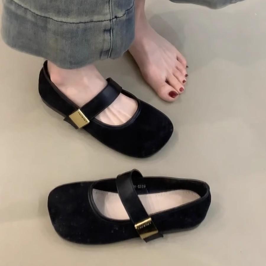 Spot Version~ Retro Round Head Metal Buckle Mary Jane Women's Shoes Suede Temperament Single Shoes Shallow Mouth Flat Ballet Shoes