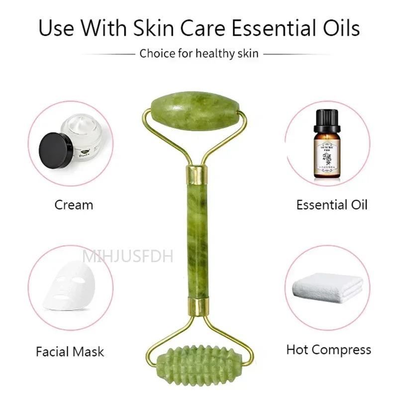 Natural Jade Roller Massager For Face Body Back Foot Massage Roller Facial Liftting Anti-Wrinkle Double-End Gua Sha Jade Stone