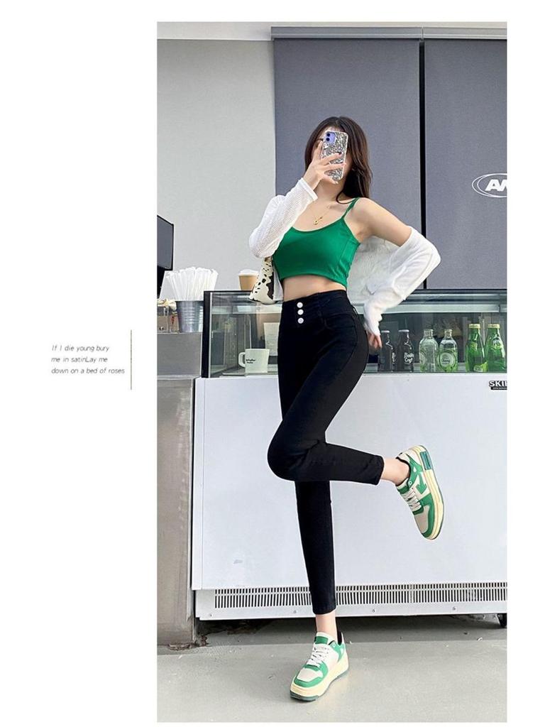 Women's High-Waisted Denim Skinny Pants, Winter Style – Elastic, Slim-Fit, Tummy-Control, Hip-Lifting, Nine-Point Length.