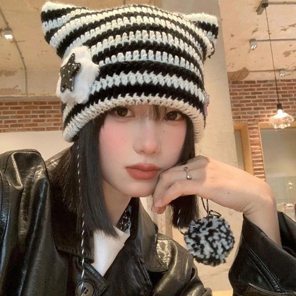 Y2K Cat's Ears Knitted Hat Star Woolen Hat Cute Warm Cap  Women