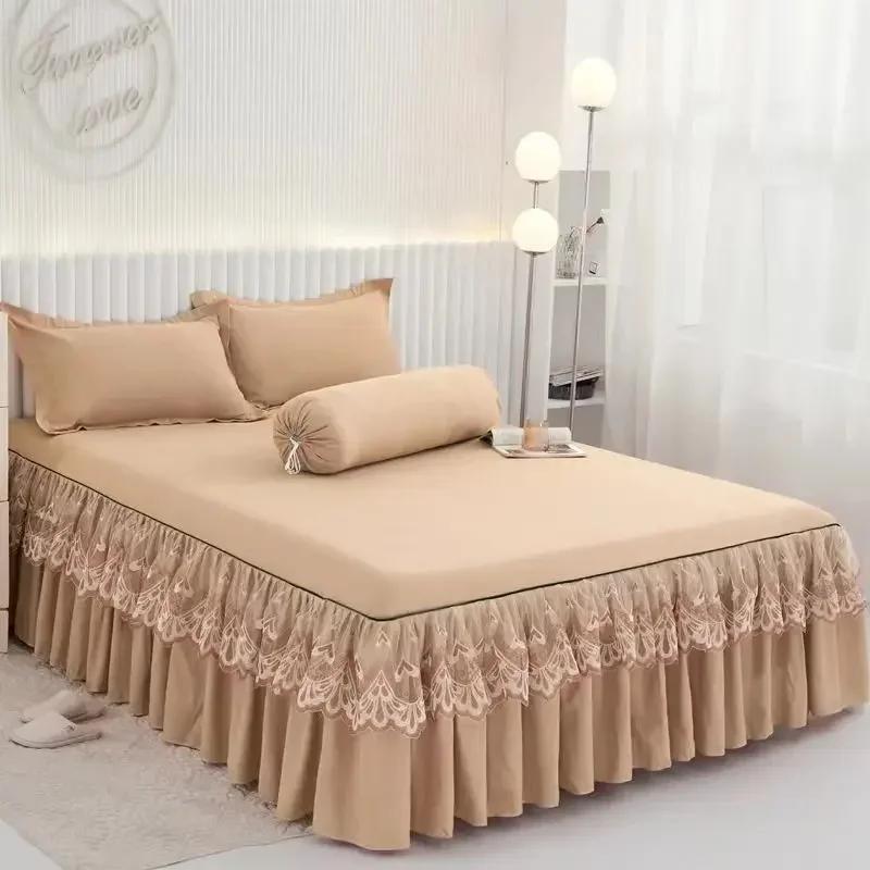 3/1P Bed Sheet Lace Skirt Elastic Fitted Double Bedspread With Pillowcases Mattress Cover Bedding Set Elastic King Size Bedsheet