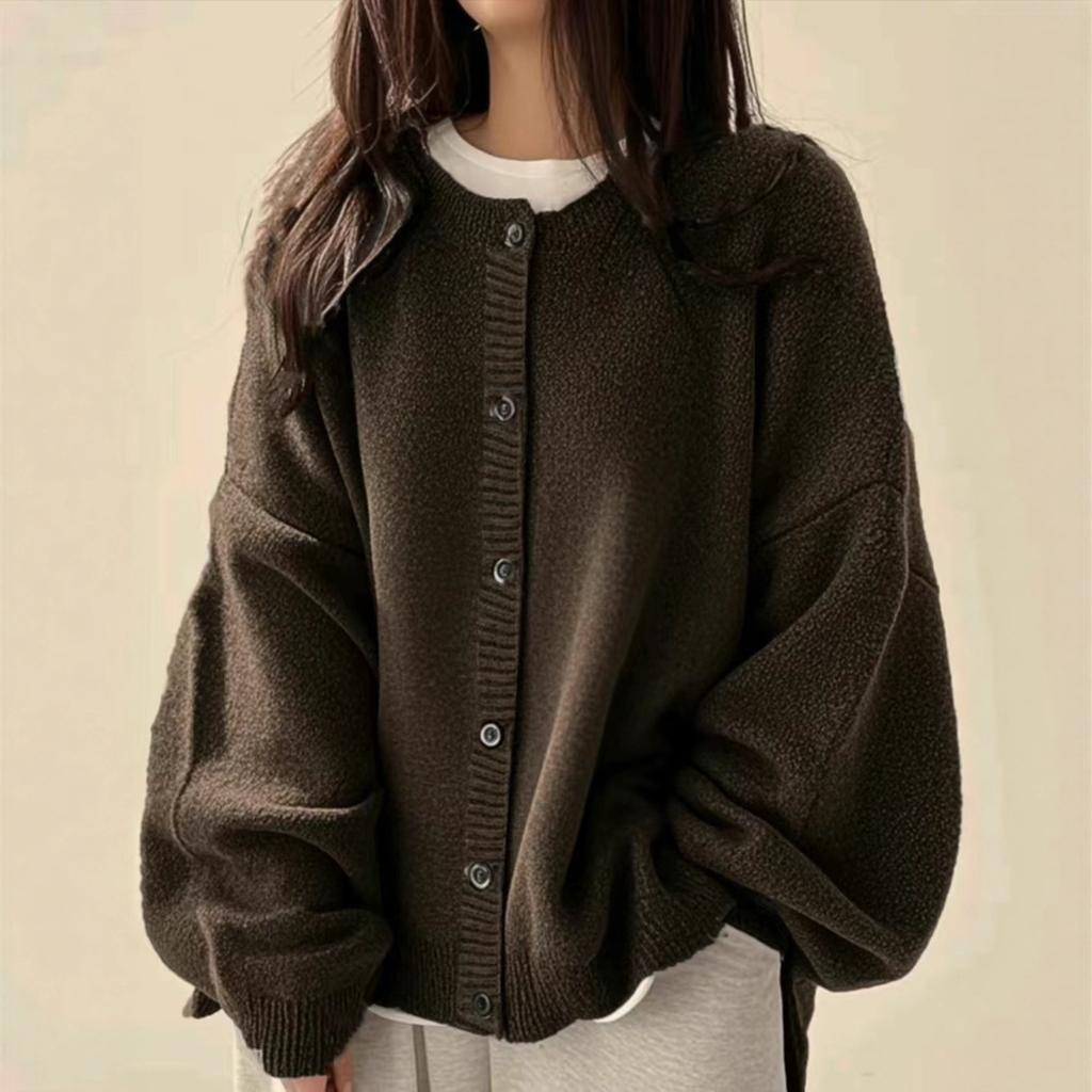 Vintage Solid Color Button Sweater Cardigan, Autumn and Winter Fashionable and Elegant Commuter Loose Knit Sweater for Women