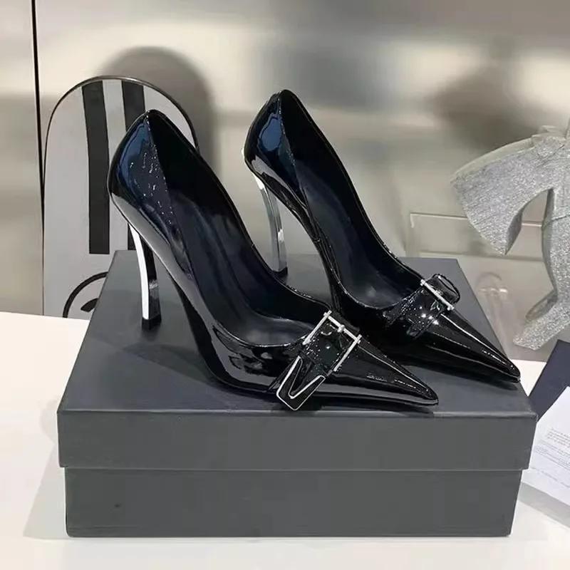 2025 Autumn New Patent Leather Black Stiletto Heels Metal Pointed High Heels Female Fashion All-Match Banquet Pumps
