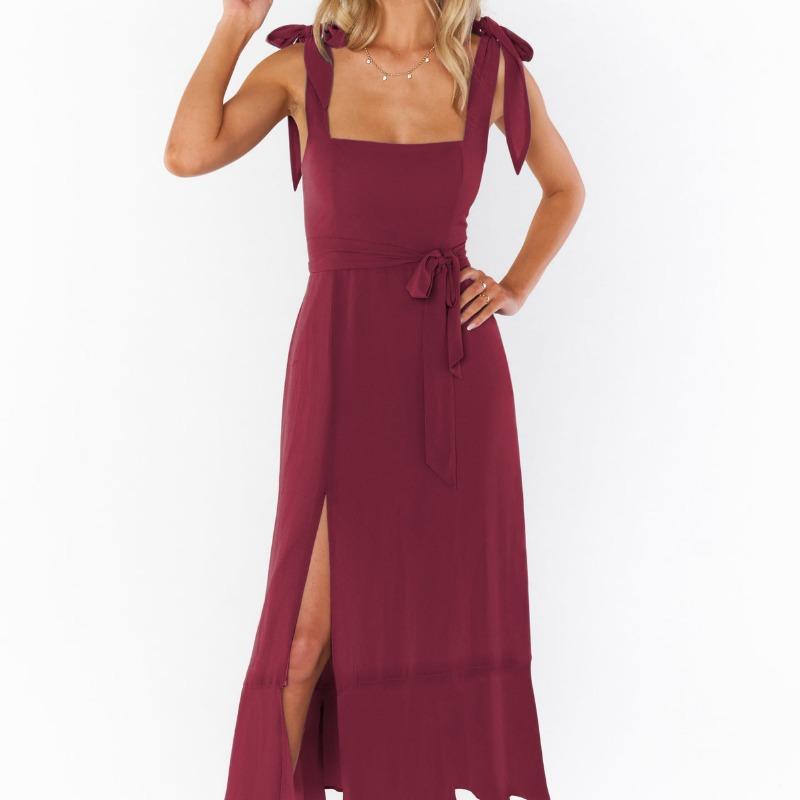 Summer Women's Pullover Hanger Strap Off Shoulder One Line Neck Lace Up Bow Tie Solid Color Split Fashion Casual Sexy Dresses