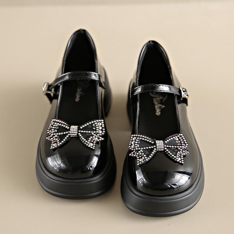 French Bow Round Head Thick Sole Color Matching Small Leather Shoes Women's 2025 Autumn New Pearl One-word Buckle Mary Jane Shoes