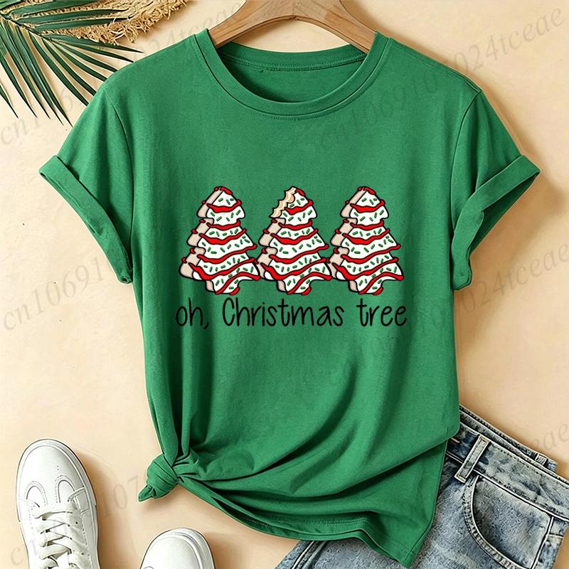 Women Oh, Christmas Tree Graphic T Shirt Vintage Aesthetic Tees Snack Cakes Christmas Print Short Sleeve Casual Streetwear Top