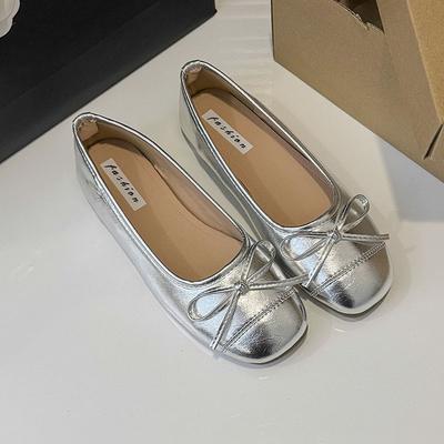 French Retro Silver Soft-soled Single Shoes Women's Shoes Summer Ladyshoes Evening Bow Flats Golden Grandma Shoes