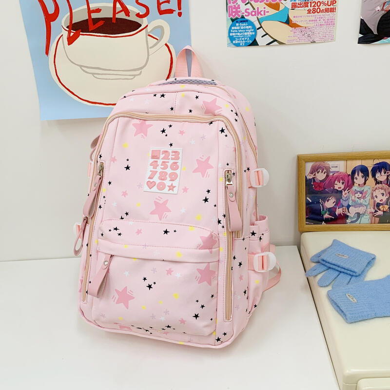 Cute Star-Print Nylon Backpack – Stylish & Lightweight School Bag for Girls, Teens, and Women