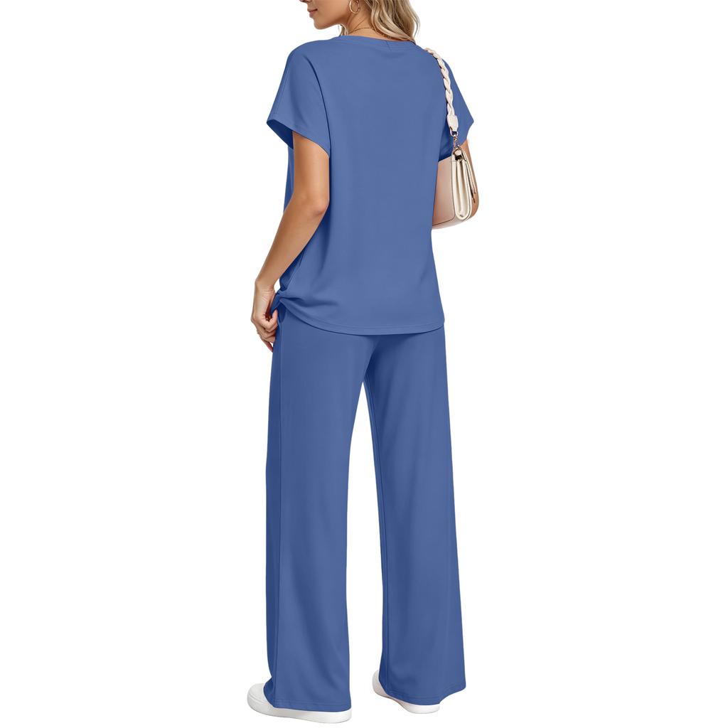 Women’s Short Sleeve Top and Long Pants Loungewear Set Soft Relaxed Fit Two Piece Outfit for Home and Wear