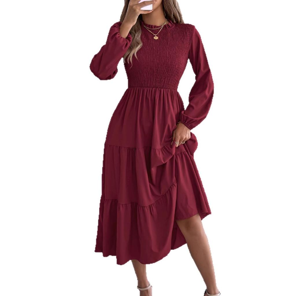 Spring Summer Women's Solid Color Long Sleeve Smocked Slim Fit Dress, European American Style Casual Casual Dress for Crossborder Women