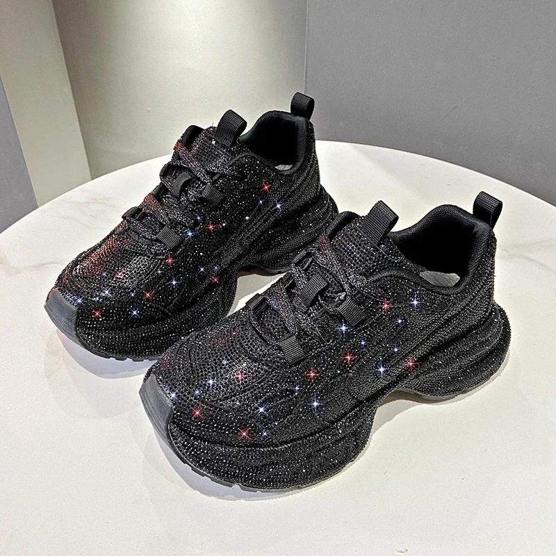 Women Sneakers Spring Lace-Up High Heel Platform Lace Up Silver Crystal Casual Working Shoes Wearing Night Running Shoes Outside