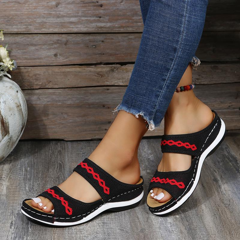 Women's Low-Heel Fly-Knit Embroidered Slip-On Sandals - Plus Size Available