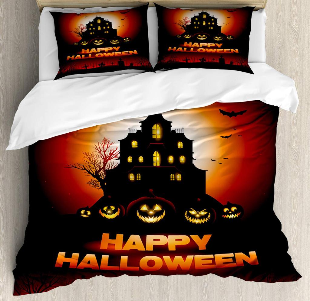Halloween Duvet Cover Set, Spooky Carved Halloween Pumpkin Lantern Bat Bedding Set Single Twin Full Queen King Comforter Cover