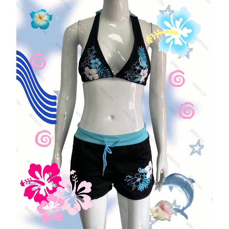 Vintage Flower Print Cutie Set Bikini 2000s Swimsuit Sexy Women Bathing Fashion Halter Strap Swimwear High Street Beach Female