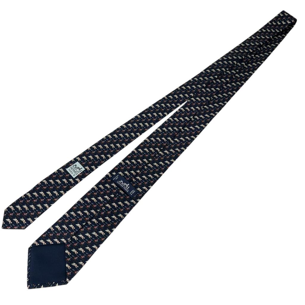 Excellent HERMES Tie Riding Pattern Navy Blue Silk Mens 5658 EA Used