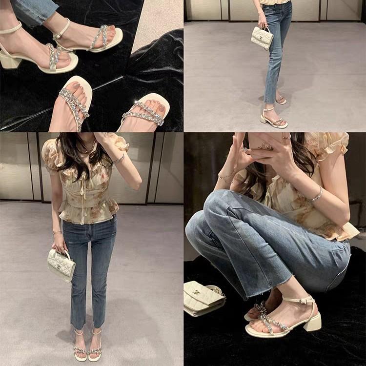 [Shei Su Yinyin] Rock Sugar Fairy~ 5CM French Rhinestone with Open-toed Thick High-heeled Sandals Women's Wedding Shoes