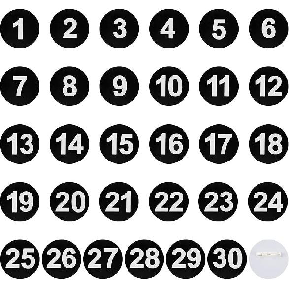 OLYCRAFT 30pcs Plastic Number Tag 49mm Round Number Brooch Black Number Tags with Pins, Label with Number 1-30 Round Number Labels for Backpack