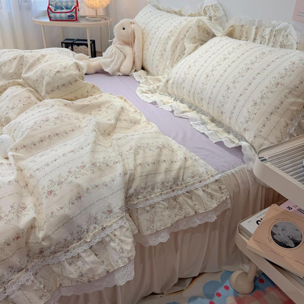 Korean Style Girlish Lace Cotton 4-Piece Princess Bedding Set for 1.8m Bed
