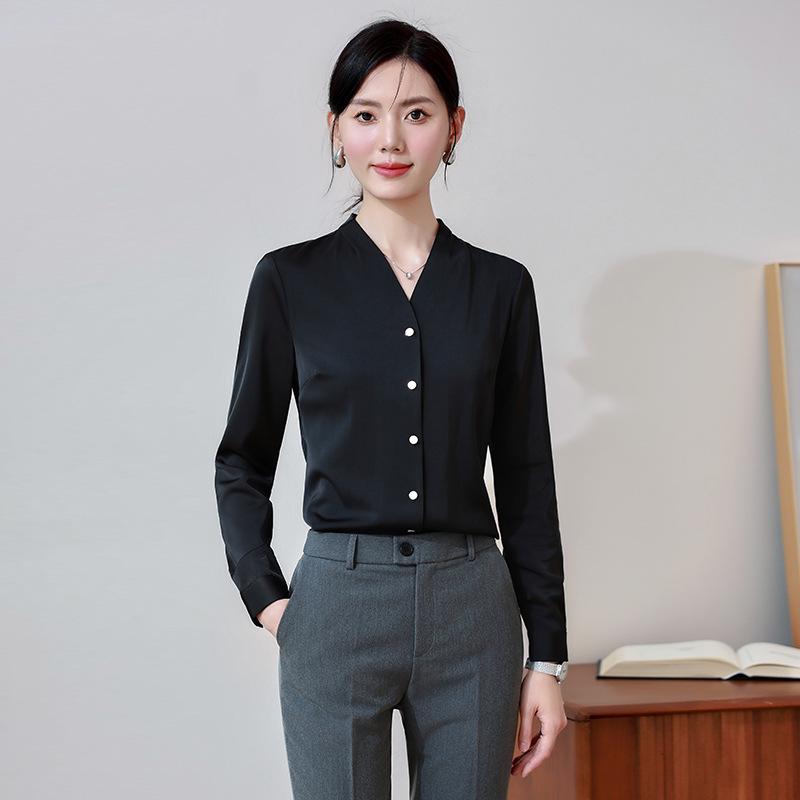 Women's Retro Hong Kong V-Neck Chiffon Shirt - Long Sleeve, Loose Fit, Stylish Workwear for Spring/Autumn