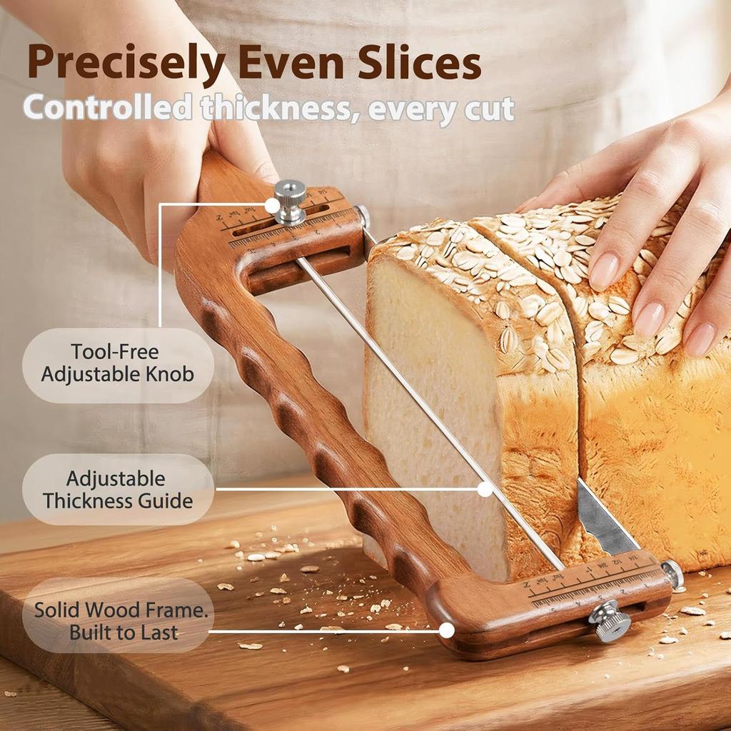 Wooden Bread Slicing Bow Knife - Handheld Serrated Toast Slicer for Homemade Sourdough & Crusty Bread
