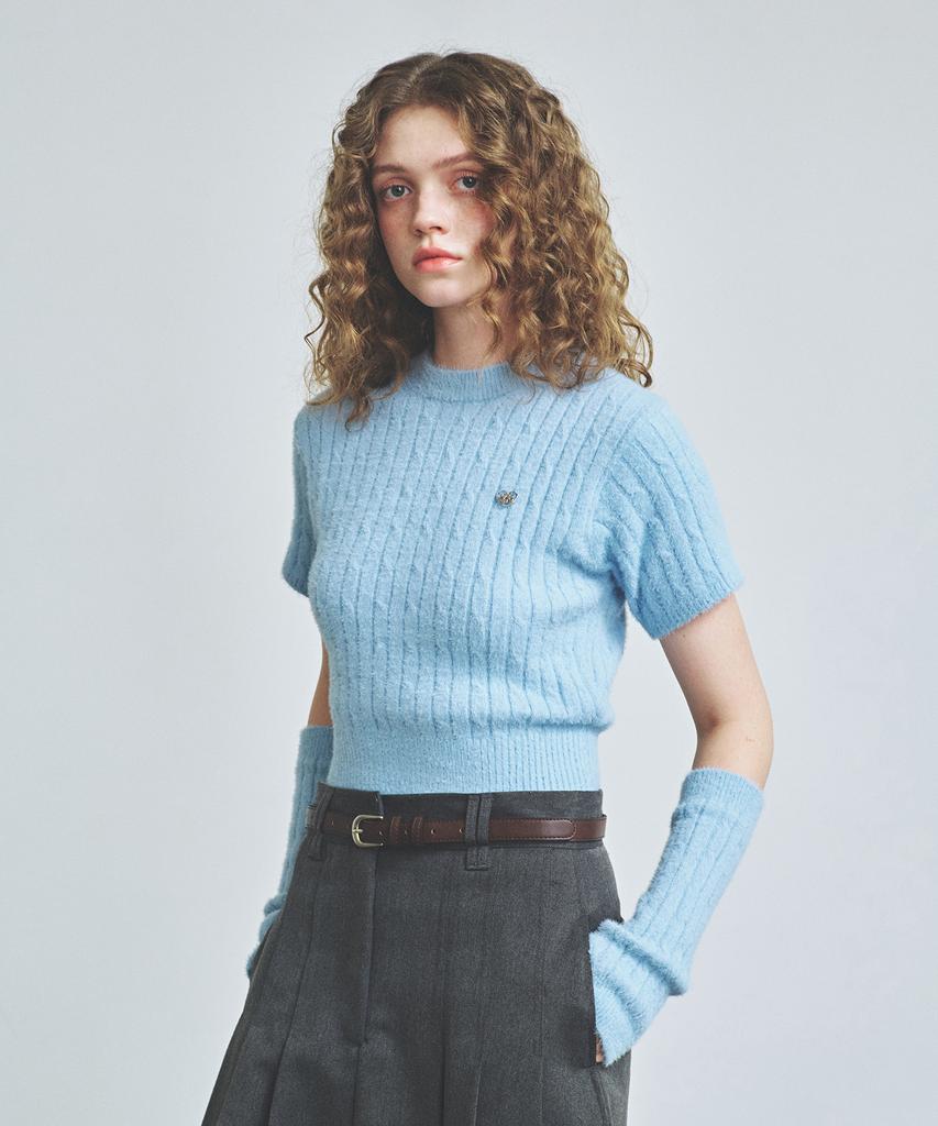 KNITTED (W) Hairy Fur Cable Crop Knit Sky