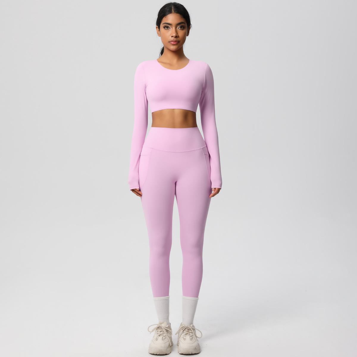 

Обтягивающий комплект с высокой талией и карманами, костюм для йоги с открытым пупком, быстросохнущий комплект для бега и фитнеса, комплект из двух предметов для женщин XL