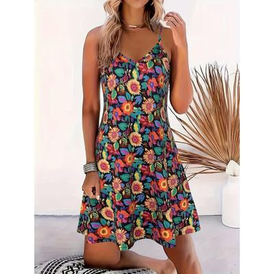 Rochie cu decolteu în V cu imprimeu floral, rochie cu bretele spaghetti fără spate de vacanță pentru primăvară și vară, îmbrăcăminte pentru femei