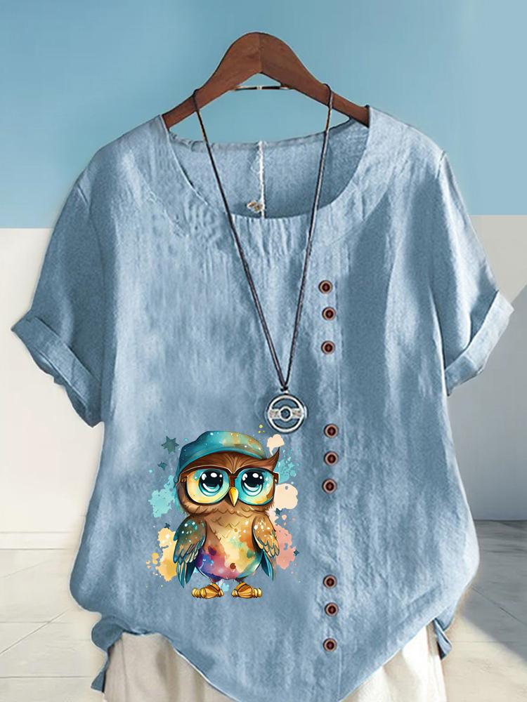 Women's Fashion Cool Owl Print Round Neck Short Sleeve T-shirt Casual Cotton Linen Graphic Shirt Leisure Loose Summer Blouse Tops