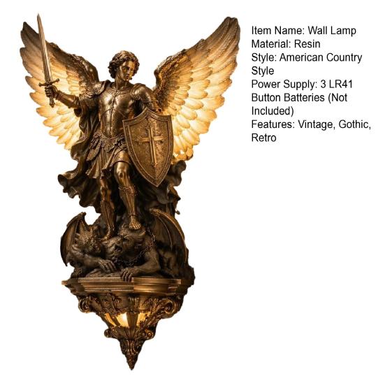 Luminária de Parede Arcanjo Miguel Resina Vintage LED Arandela Gótico Medieval Anjo Guardião Arte de Parede Decorativa para Quarto Sala de Estar Corredor