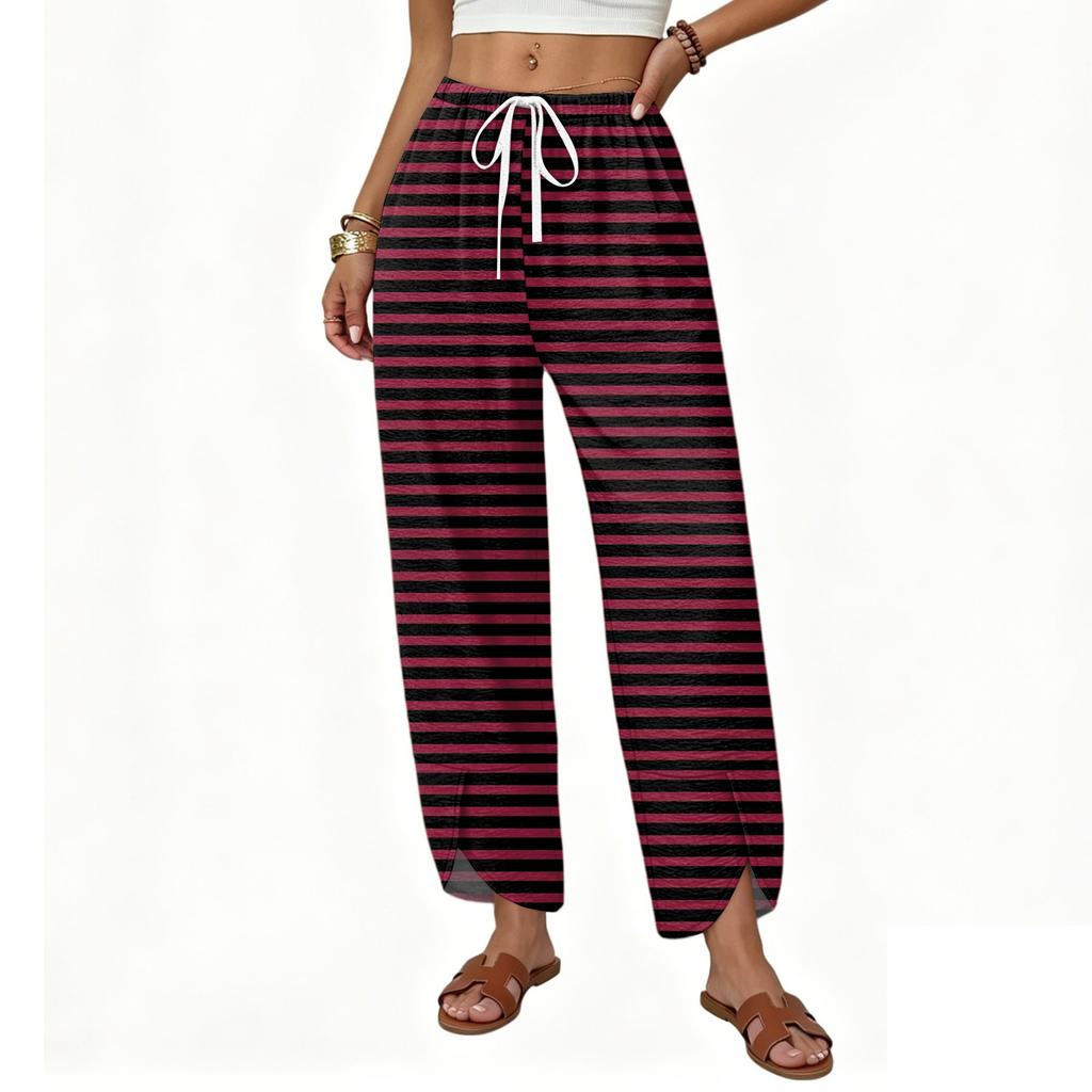 Women Casual Straight Leg Loose Fit Wide Leg Pants Button Detail Printed Pattern Drawstring Waistband Trousers