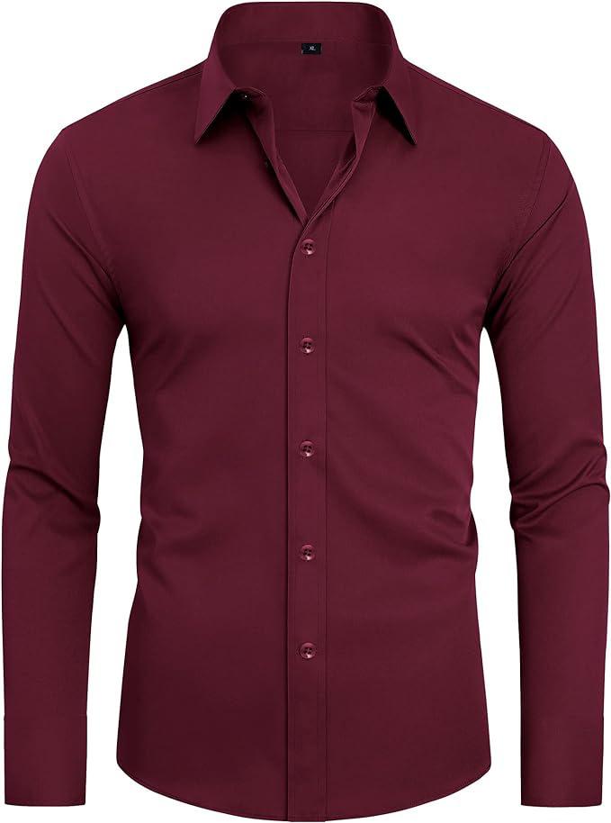 Men's Long Sleeve Solid Color Shirt, 4-Way Stretch, Natural Color Button, Slim Fit, Wrinkle Free, Business Casual Dress Shirt