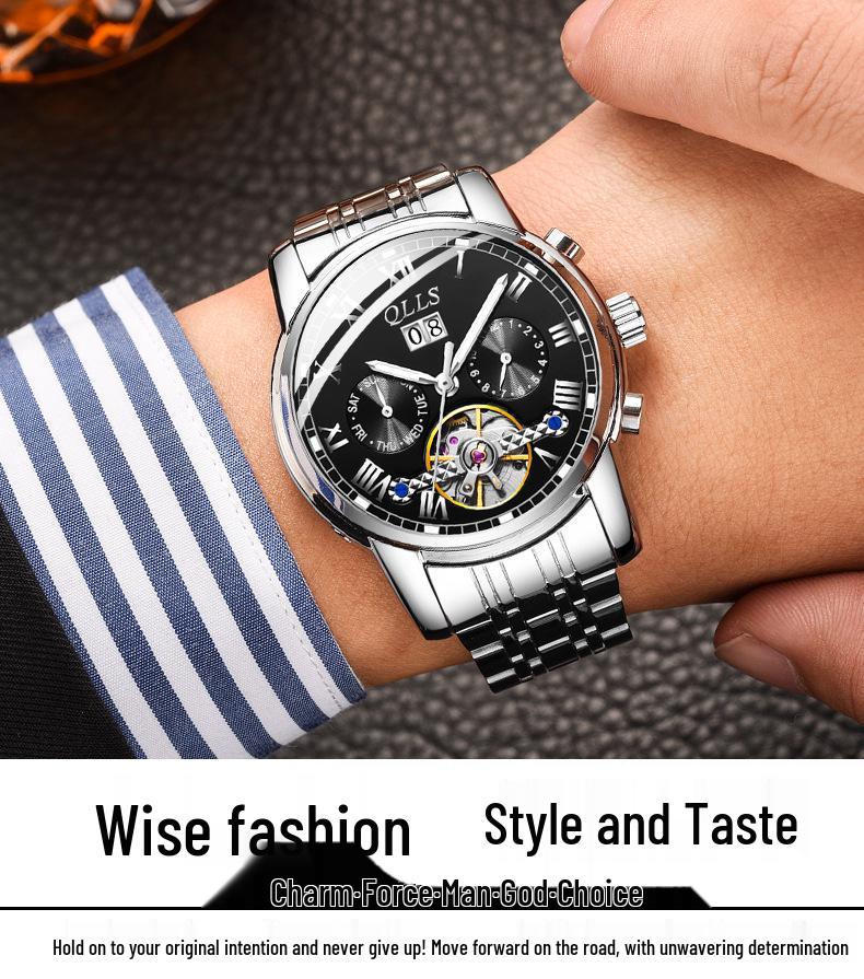 QLLS Men's Fashion Automatic Luminous Waterproof Skeleton Wristwatch - Business Casual Style