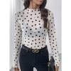 Women Semi Sheer Mesh Polka Dot Long Sleeve Mock Neck Top Lightweight Stretchy Fitted T Shirt Blouse for Layering