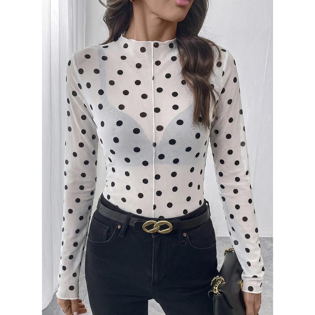 Women Semi Sheer Mesh Polka Dot Long Sleeve Mock Neck Top Lightweight Stretchy Fitted T Shirt Blouse for Layering