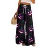 Women Summer Boho Palazzo Pants High Waist Wide Leg Halloween Printing Casual Trousers With Pockets