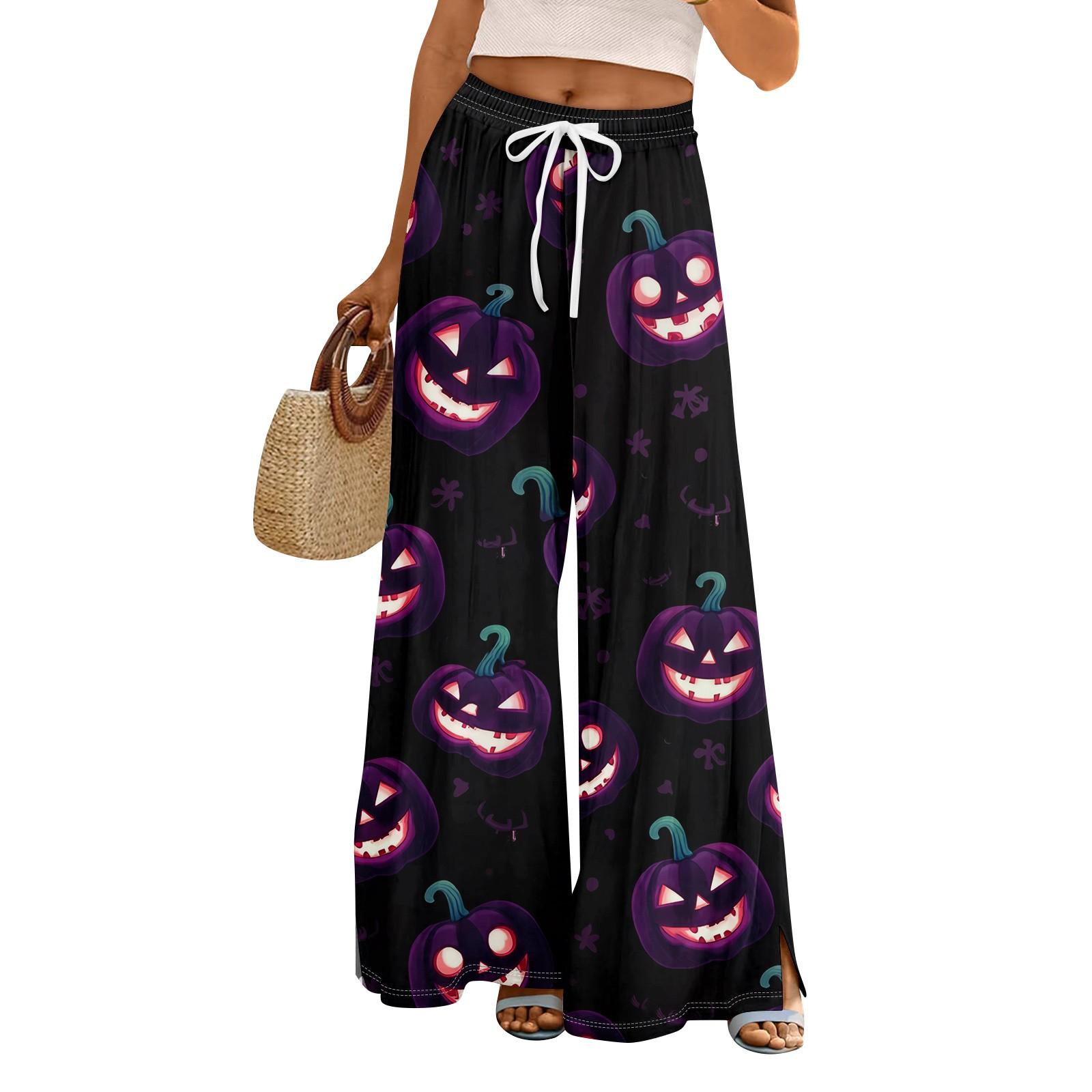 

Women Summer Boho Palazzo Pants High Waist Wide Leg Halloween Printing Casual Trousers With Pockets L чорний