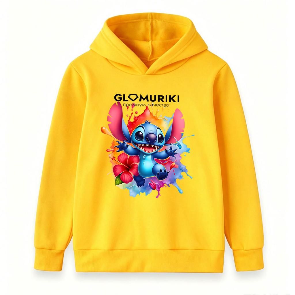 Kids Boys Girls Casual Stitch Print Long Sleeve Hoodie, Cute Cartoon Graphic Pullover Sweatshirt, Colorful Floral Paint Splash Pattern Soft Hooded Top