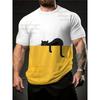 Men's 3D Printed Cat Pattern T-shirt - White and Yellow Art Design, Bright Round Neck Short Sleeved Shirt