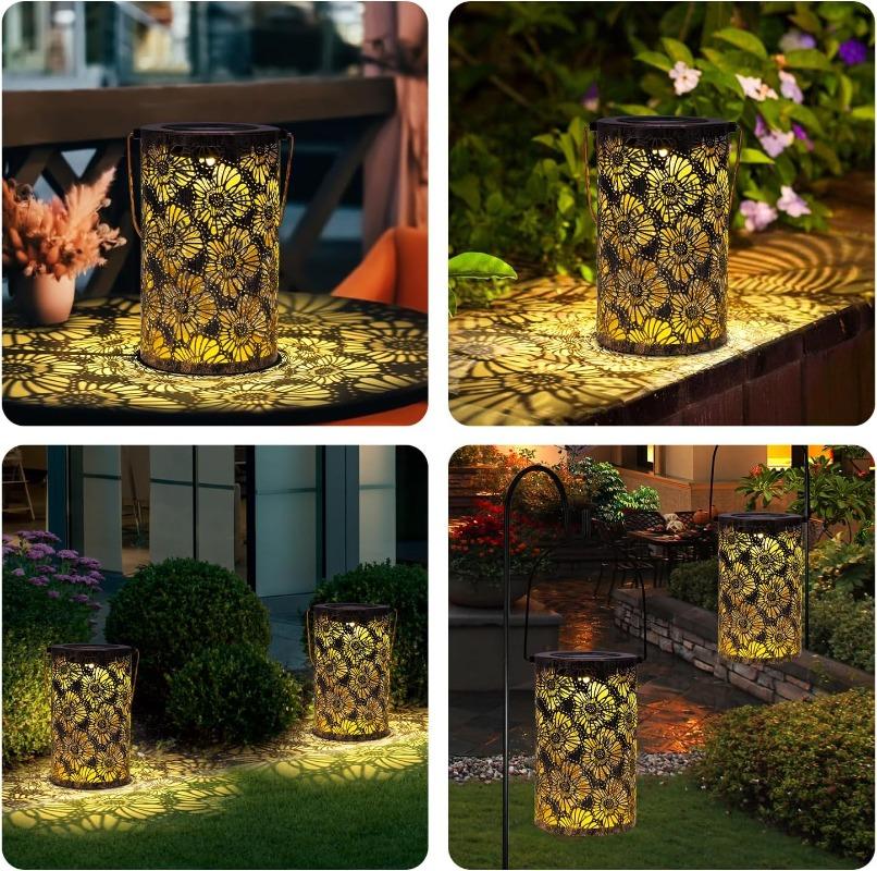 2026 New Vintage Daisy Projection Solar Lantern - Rustic Iron LED Lamp, Waterproof Hanging Decor for Garden, Patio & Yard